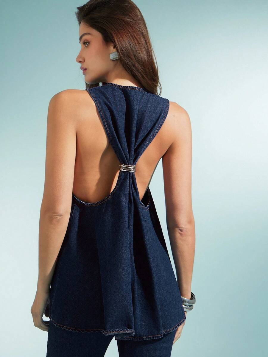 Denimoi 金属配件细节梯形露背 V 领无袖牛仔上衣 - 深色水洗藍 - 查看 1
