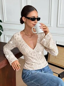 SHEIN Frenchy Women's Sequin Embroidery Lace-Up Backless Blouse,Elegant Beaded Deep V-Neck Bell Sleeve Shirt,Sparkly Apricot Summer Elegant Night Out Party Top - Apricot - View 2