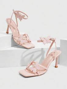 CUCCOO SZL 女士蝴蝶元素高跟凉鞋，多带交叉设计，方头，细高跟，踝带，浅金色 PU 金属材质，性感高跟凉鞋