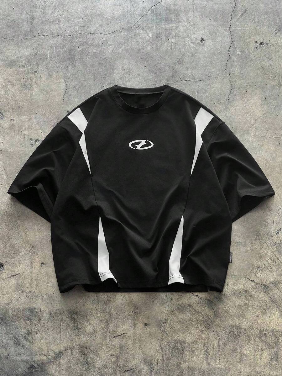 AXEPEAK 男士撞色圆领短袖休闲宽松T恤，夏季 - 黑色 - 查看 1