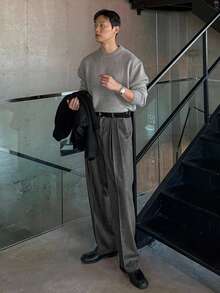 DAZY 男士深灰色双层纱布设计办公长裤，秋季 - 深灰色 - 查看 1