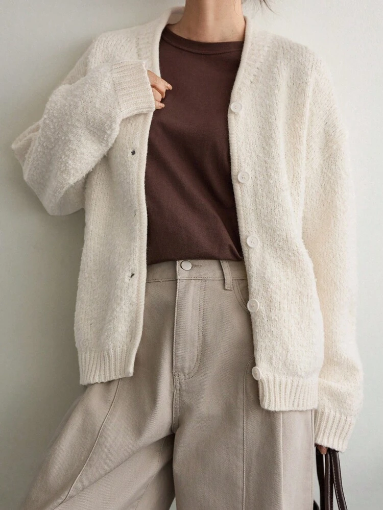 Women's Solid Color Drop Shoulder Long Sleeve Single-Breasted Casual Loose Knit Cardigan, Autumn Jacket Business Casual Woman