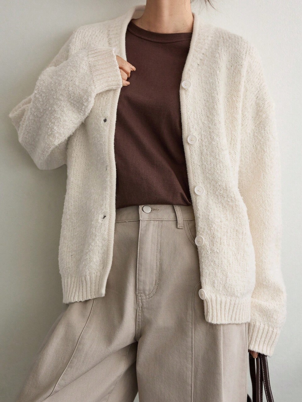 Women's Solid Color Drop Shoulder Long Sleeve Single-Breasted Casual Loose Knit Cardigan, Autumn Jacket Business Casual Woman