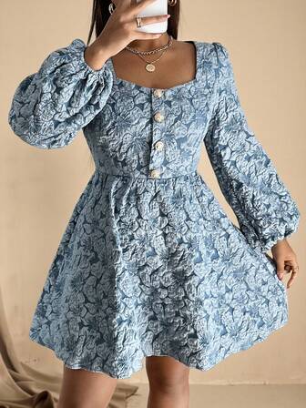 Roveilla 女士优雅提花甜心领灯笼袖束腰 A 字型复古法式连衣裙