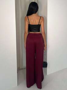 Glamine Burgundy Pocket Spliced Suit Pants,Summer Chic Night Out Long Pants,Urban Office Edit,Elegant Versatile Commute Essential,Retro Minimalist Modern Look - Red - View 2