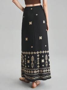 Ontre 2025 秋季女式休闲度假刺绣裙，时尚长款休闲裙，适合海滩、办公室、海滩度假、节日、派对、度假风格 - 黑色 - 查看 3