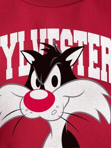 Women's Letter & Cartoon Graphic Crew Neck Long Sleeve Red Thermal Sweatshirt