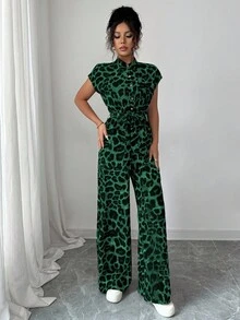 Chiquease Women's Elegant Stand Collar Open Front Short Sleeve Cinched Waist Wide Leg Jumpsuit Leopard Print Jumpsuit Green Jumpsuit Casual Jumpsuit Women Jumpsuit Green Leopard Jumpsuit