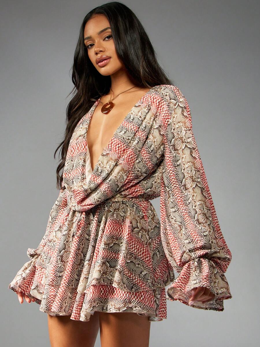 MISSGUIDED Chiffon Snake Print Long Sleeve Mini Dress Ruched Waist Deep V Neck Puff Sleeve Empire Waist Party Club Night Out Spring Fall Fashion 2024 - Multicolor - View 1