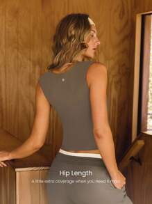 GLOWMODE FeatherFit™ Full Underarm Hip Length Square Neck Basic Tank Top Low Impact Yoga Pilates Studio Daily Removable Cups Fall Winter