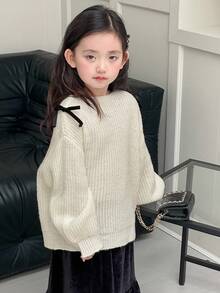 DAZY Young Girls Open Shoulder Bow Knit Sweater, Fresh Korean Style, Long Sleeve Fall,Winter - White - View 4