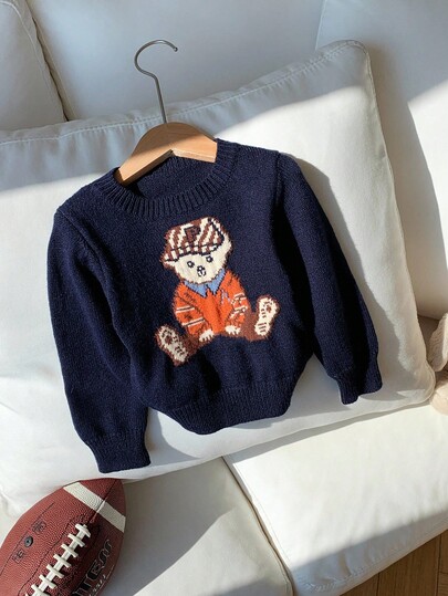 SHEIN Áo len tay dài màu xanh navy họa tiết gấu hoạt hình dễ thương cho bé trai và bé gái, thường ngày và đa năng cho mùa thu/đông
