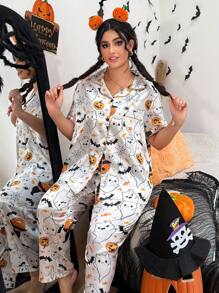 Plus Size Funny Halloween Element Printed Faux Silk Shirt & Pants Pajama Set, For Halloween Party - White - View 4