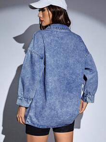 SHEIN ICON 女式休闲宽松落肩长袖单排扣牛仔衬衫，秋季 - 中等水洗藍 - 查看 2