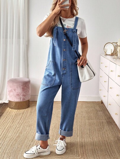EMERY ROSE Women's Blue Summer Casual Button Half-Placket Denim Bib Pants,Loose Wide Leg Patchwork Pocket Baggy Jeans,Barrel-Leg Old Money Style Occasion Jeans