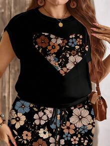 SHEIN LUNE 两件套：休闲宽松碎花爱心图案圆领T恤和半身裙，适合大码女装，秋冬季节、度假装扮，波西米亚风 - 彩色 - 查看 6