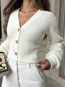 SHEIN Teen Girls' Solid V-Neck Cropped Casual Loose Drop Shoulder Long Sleeve Cardigan Sweater, Autumn Fall Winter - White - View 10