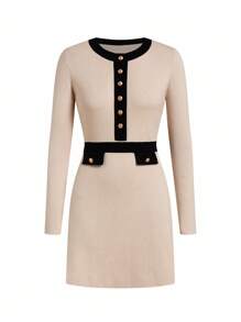 Ellevyn Women's Elegant Commuter Button Decor Short Knit Sweater Dress,Women's Winter Sweater, Winter Clothes