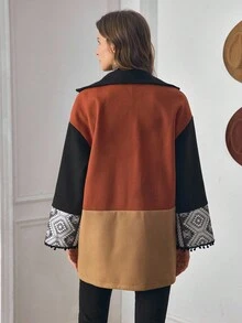 LanaWest Women's Pattern Patchwork Design Loose Flare Sleeve Casual Daily Versatile Woolen Autumn/Winter Jacket - Multicolor - View 2