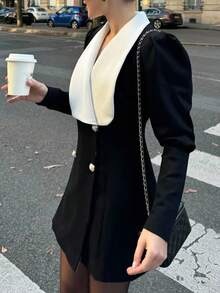 Siren Gaze 2025年秋季女装新款优雅通勤黑白撞色翻领双排扣短款西装外套连衣裙，奢华正式别致复古风格连衣裙，适合办公室工作、外出派对、万圣节、圣诞节、沙特国庆节、毕业舞会、角色扮演 - 黑色 - 查看 1
