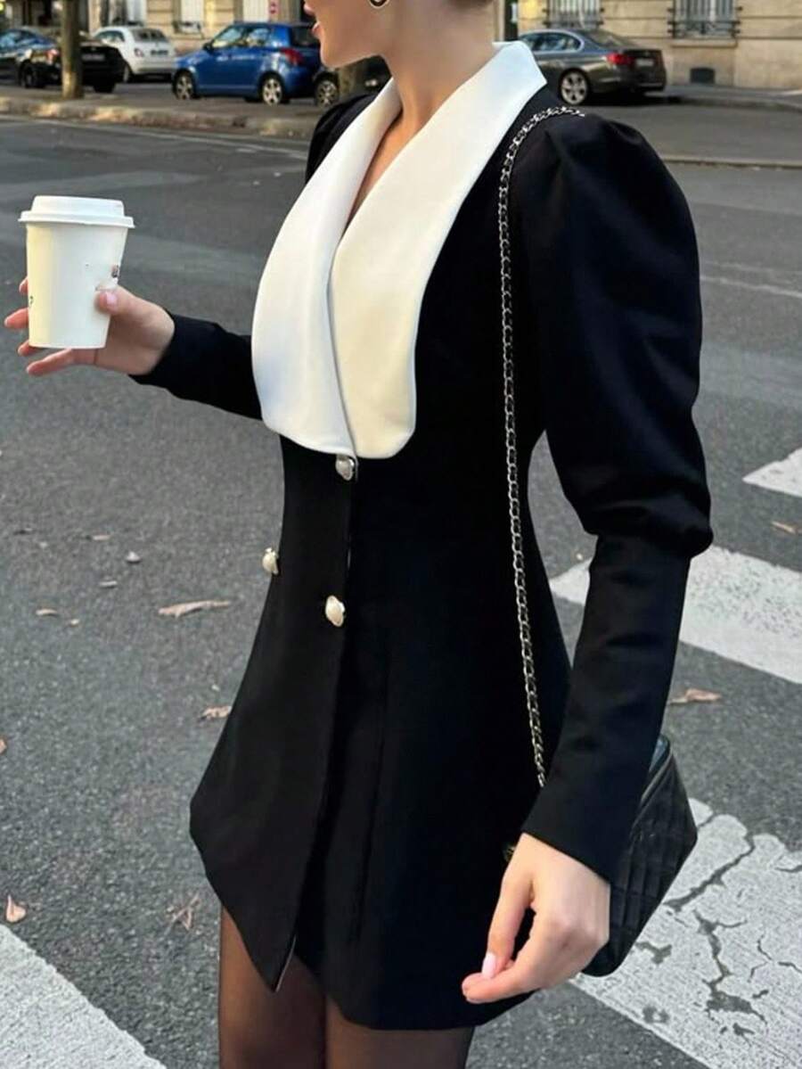 Siren Gaze 2025年秋季女装新款优雅通勤黑白撞色翻领双排扣短款西装外套连衣裙,奢华正式别致复古风格连衣裙,适合办公室工作、外出派对、万圣节、圣诞节、沙特国庆节、毕业舞会、角色扮演 - 黑色 - 查看 1