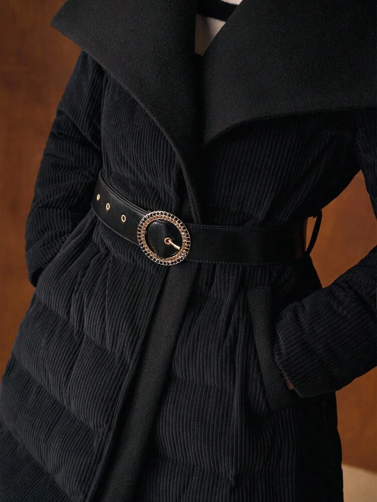 WOMEN'S CORD PATCHWORK PADDED COAT WITH BELT