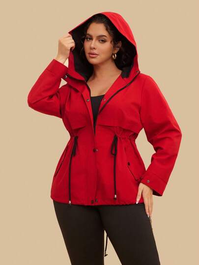 SHEIN VCAY Plus Size Women Outdoor Hiking Waterproof Hooded Cinched Waist Long Sleeve Pocket Jacket, Suitable For Autumn/Winter, Red Fall