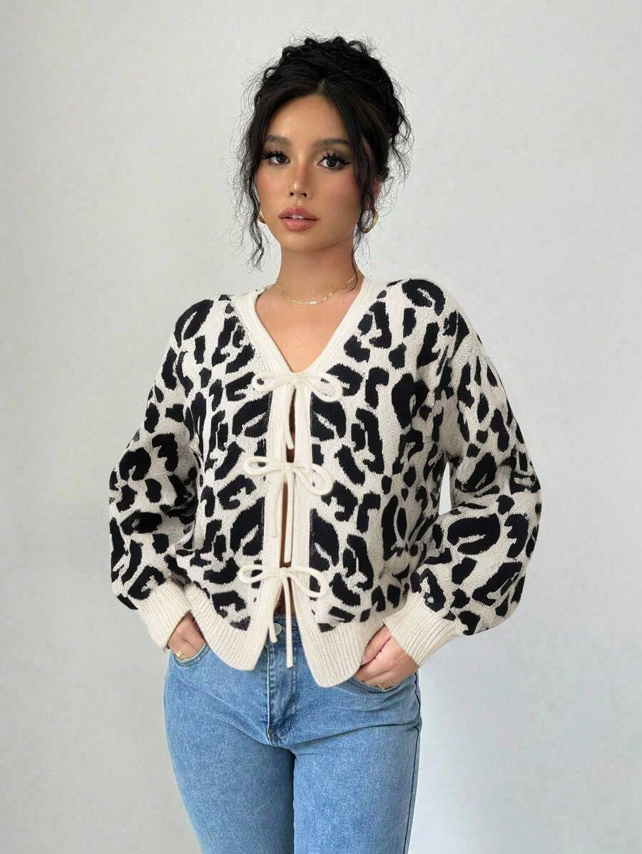 Elenzga 女式豹纹撞色蝴蝶结休闲灯笼袖V领开衫毛衣，秋冬女装