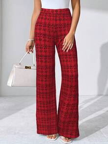 SHEIN Clasi 夏季优雅女士格纹印花弹力针织裤，适合各种场合，适合夏季度假、优雅旅行、日常通勤 - 紅色 - 查看 6