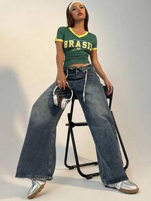 Flirla 女士休闲运动V领巴西撞色短袖T恤图案T恤女式上衣