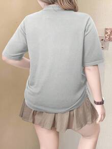 EMERY ROSE Plus Size Casual Solid Color Drawstring Short Sleeve Cardigan, Summer Winter Fall Autumn - Light Grey - View 3