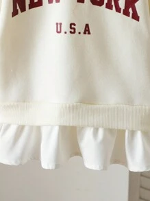 SHEIN Young Girl Letter Print Color Block 2 In 1 Thermal Lined Casual Crew Neck Long Sleeve Sweatshirt, Autumn/Winter Fall - Apricot - View 5