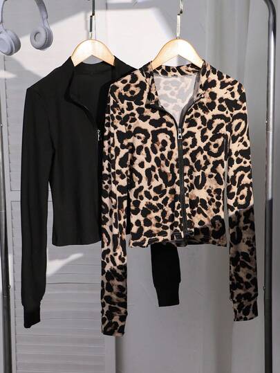 2pcs Leopard Print & Solid Black Long Sleeve T-Shirt Zip Up Tops, Fashionable Layering Piece For Teens, Versatile For Autumn