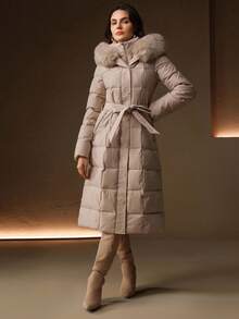 Anewsta 女士优雅束腰中长款蓬松可拆卸人造毛领绗缝拉链夹棉大衣，杏色 - 杏色 - 查看 5