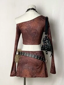 SHEIN Unity Conjunto de 2 piezas con blusa de manga larga con cuello asimétrico y estampado floral burdeos + falda mini con abertura - Burdeos - Ver 2