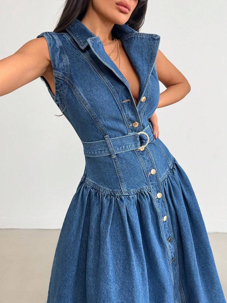 EURMUSE WOMEN Casual Denim Button Front Dress - Medium Wash - View 6