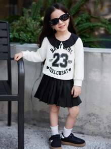 年轻女孩字母印花撞色彼得潘领长袖运动衫和百褶迷你裙休闲套装，秋季衣服 - 黑與白 - 查看 5