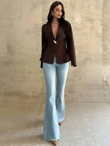 Firerie 女士休闲优雅收腰咖棕色西装外套/仿麻面料西装/收腰西装/女冬装/秋装/返校/校服/女教师装/商务休闲女装/知性优雅女装 - 咖啡棕 - 查看 9