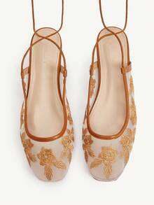 CUCCOO TILAWA 女士平底一脚蹬鞋，网眼刺绣方头穆勒鞋，优雅迷人风格 - 棕色 - 查看 1