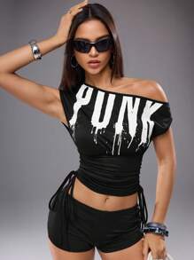 Shutterstock Y2Kool Women's Off-Shoulder Ruched Side Letter Print Crop Top, Sexy For Halloween Party, Nightclub, Back To School, Casual Street Y2K Style, Autumn Graphic Top