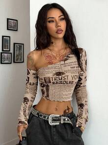 Coolane 女士秋季/四季皆宜的西部风情节日服装，报纸图案弹力不对称领口长袖露脐上衣，西部风情露脐上衣，透视款 - 杏色 - 查看 1