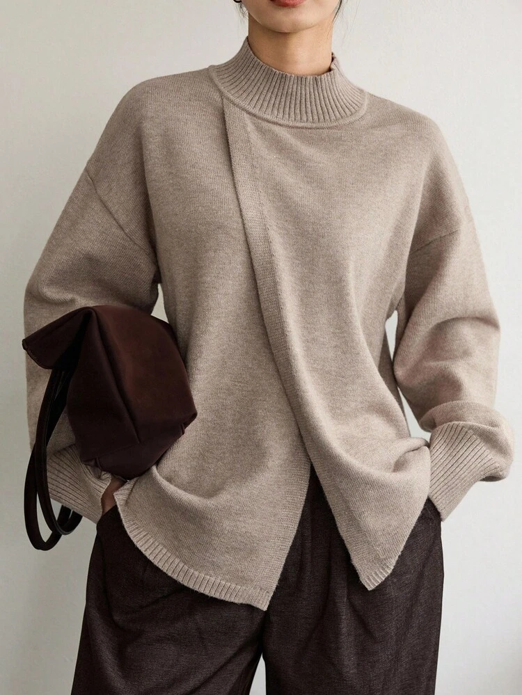 Women's Loose Business Casual Asymmetric Collar Pullover Sweater, Solid Color Simple Basic Top, Autumn/Winter