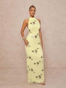 Lumalex 女式亮片刺绣立领腰部修身露背系带开衩连衣裙 - 黃色 - 查看 5