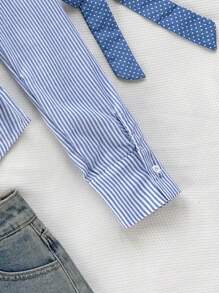 Teen Girls Blue & White Striped Button-Up Embroidered Long Sleeve Blouse, Striped, Preppy, Casual, Back To School/Halloween,Glowmode,Fall,Winter,Autumn