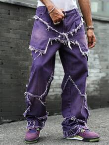 Manfinity EMRG Men's Simple Button Front Pocket Frayed Hem Casual Denim Jeans - Purple - View 7