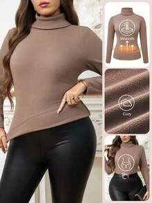 Reflora 大码女式高领长袖修身休闲保暖T恤，带保暖内衬和绒面内衬，秋冬季，焦糖色，适合万圣节、秋季女装、万圣节服装、秋季女装、万圣节、冬季女装、秋季大码、秋季上衣、秋季、万圣节大码、束身胸衣、工作上衣、冬季女装外套，2025新款 - 棕色 - 查看 6