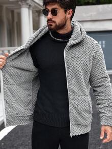 Manfinity CasualCool Men's Solid Color Long Sleeve Zip-Up Fleece Hooded Jacket, Autumn/Winter Men Sherpa Jacket Grey Zip Up Hoodie Men Men Fuzzy Jacket Teddy Bear Jacket Men - Dark Grey - View 6