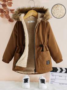 SHEIN Tween Girls' Casual Loose Warm Thermal Lined Hooded Mid-Length Parka Coat,In Fall/Winter