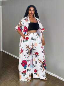 Slaydiva Plus Size Women Linen Printed Long Dress, Printed Linen Shirt, And Linen Pants Set - White - View 3