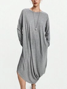 Lumivelle Women's Solid Color Round Neck Fashionable Loose Hem Pleated Long Sleeve Dress Fall Cloth For Women